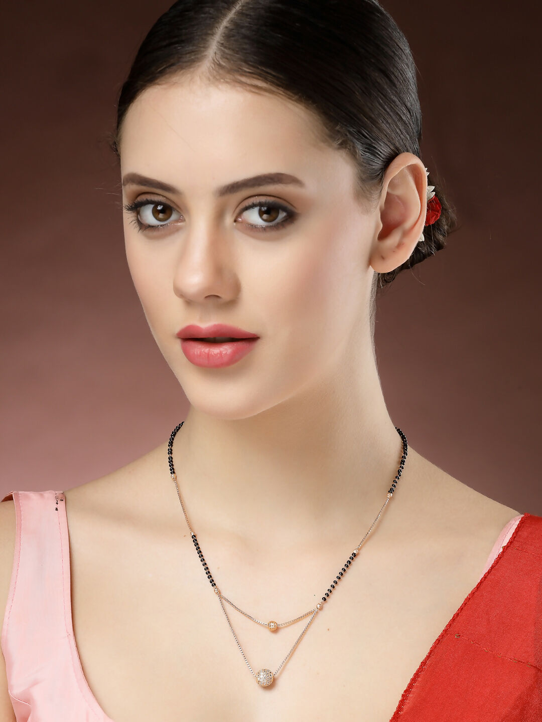 NVR Women's Rose Gold CZ Stone-Studded & Beaded Layered Mangalsutra | Swadesiicart