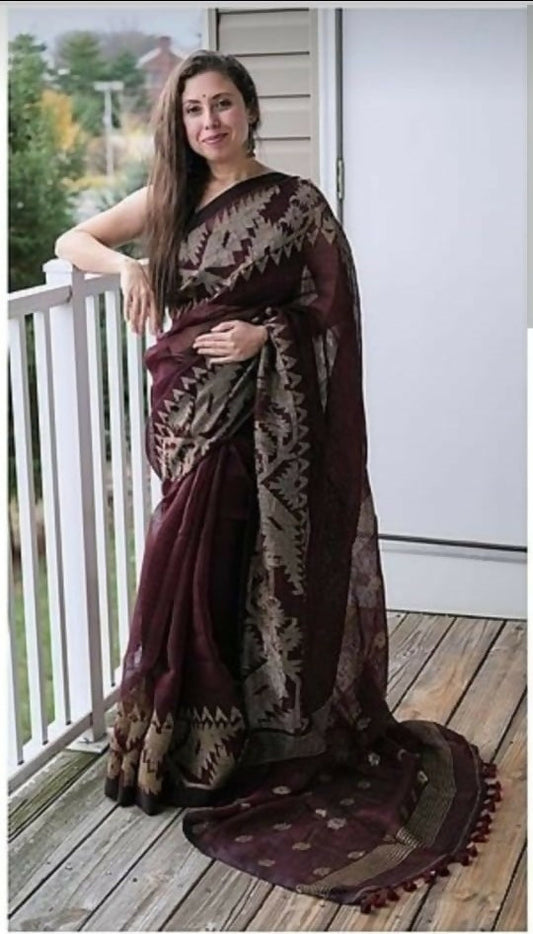 Exclusive Collection Deep Brown Beautiful Linen Jamdani Saree - Swadesiicart
