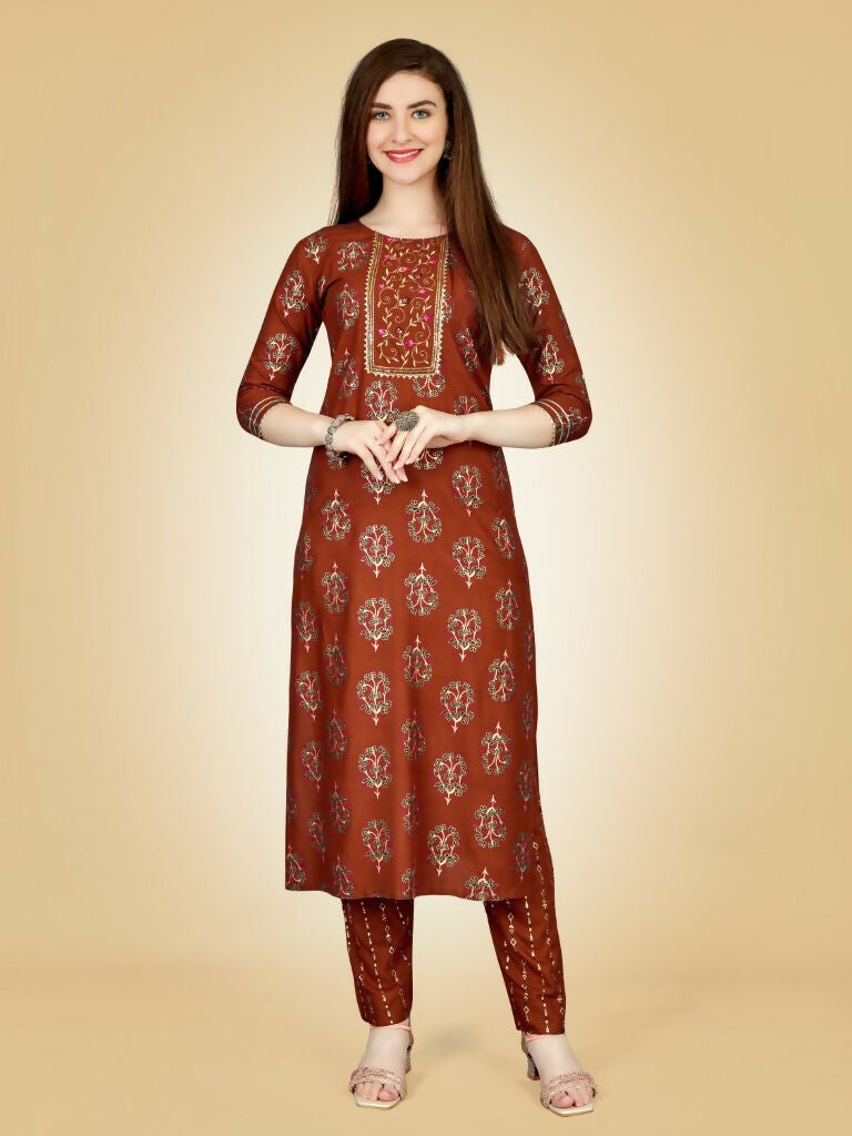 Jyoti Fashion Women's Rust Viscose Rayon Embroidered Kurta Pant Set | Swadesiicart