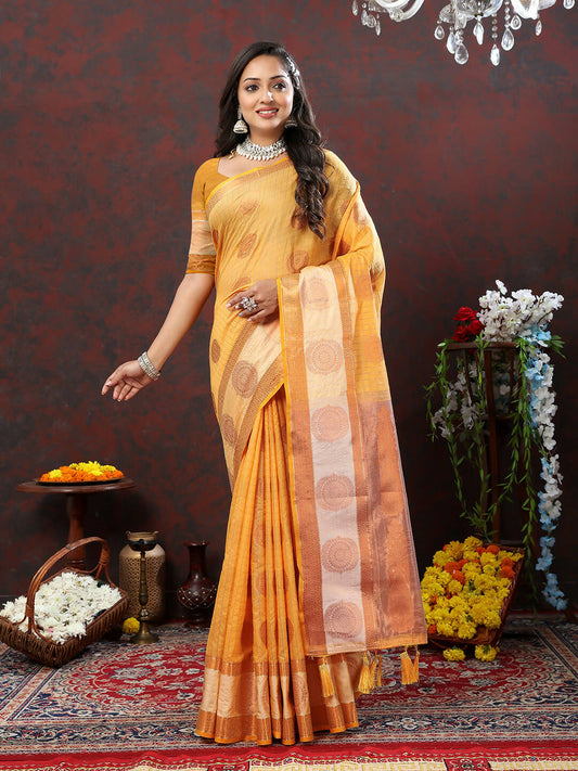 Lorenvalley Fashion Orange Cotton with Woven Design Zari Weaving Saree - Swadesiicart