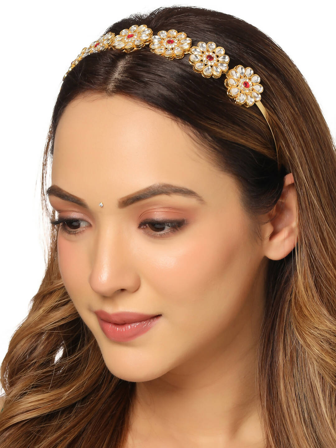 NVR Women's Rajputi Gold-Polished Kundan Matha Patti Hairband | Swadesiicart