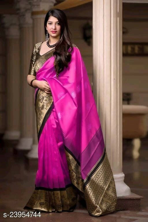 DEIANA'S Beautiful Designer Golden zari Soft Lichi Silk Saree - Pink - Swadesiicart