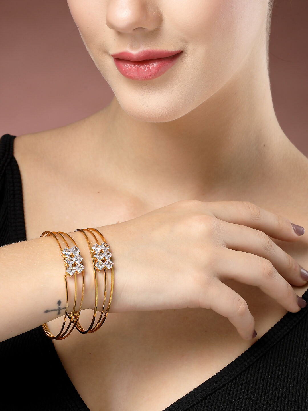 NVR Women's Set of 2 Gold-Polished CZ Stone-Studded Adjustable Bangles - Swadesiicart