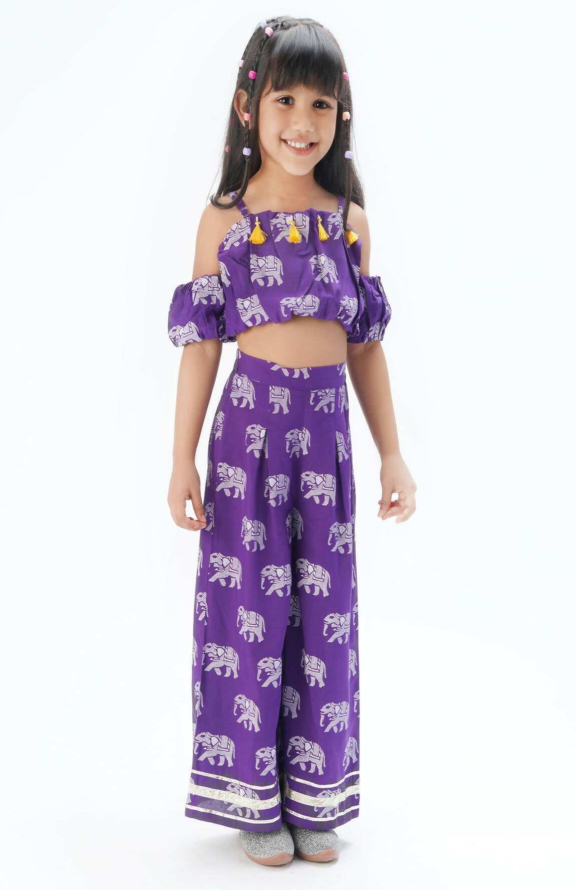 Lil Drama Trunk Tales Girls Purple Crop Top With Pants Co-Ordinate Set - Swadesiicart