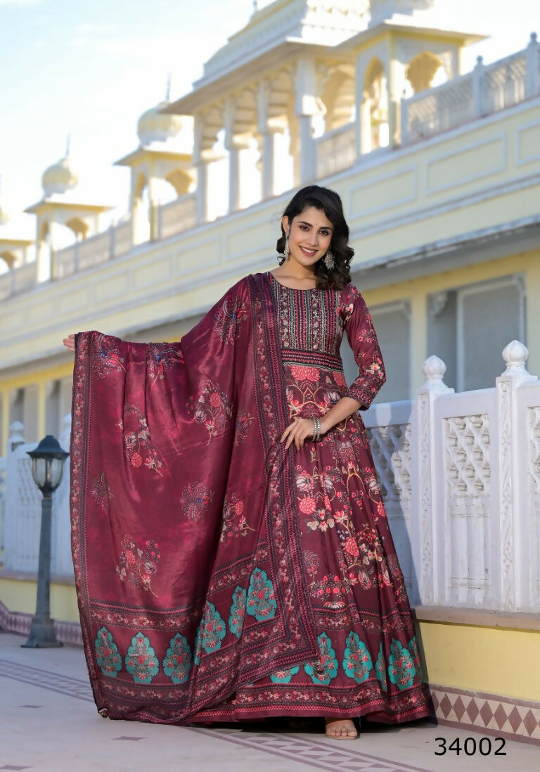 Partywear Designer Maroon Dola Silk Anarkali suit with Dupatta - Suzen - Swadesiicart