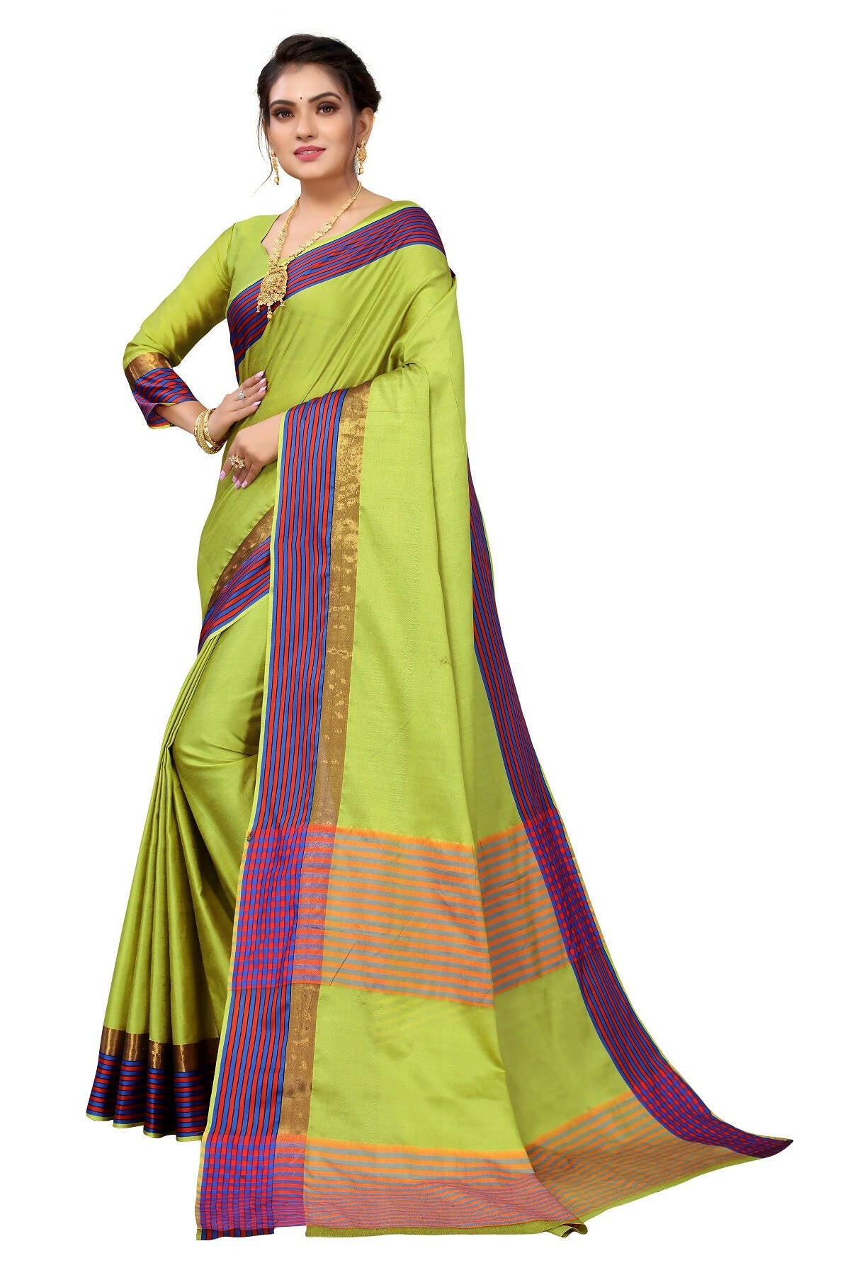 Vamika Ethnic Fire Parrot Green Cotton Silk Saree | Swadesiicart