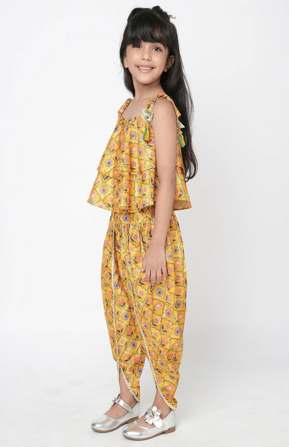 Lil Drama Golden Weaves Yellow Crop Top With Dhoti Co-Ordinate Set - Swadesiicart