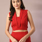 Myshka Women's Red Solid Shawl Neck Party Top With Skirt Co-ord set - Swadesiicart