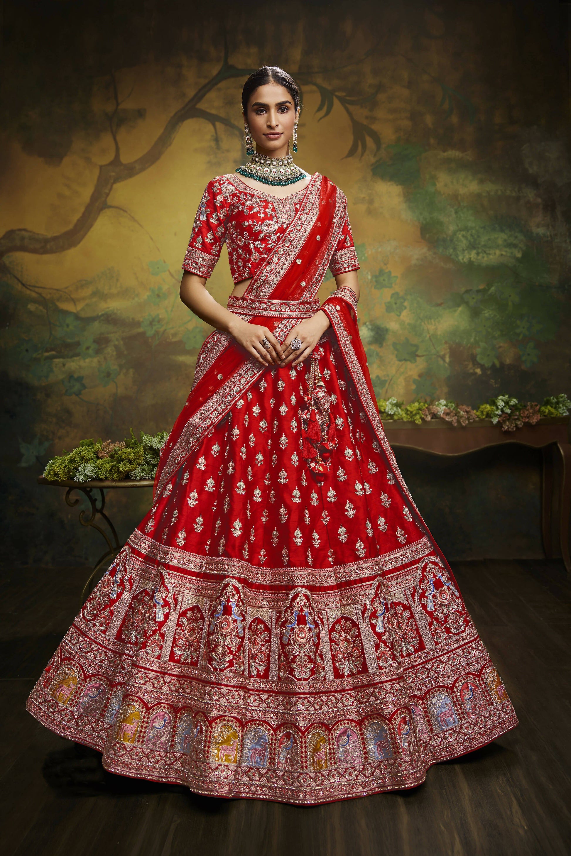 House of Panchhi Red Pure Silk Moti & Zarkan heavy embroidery Lehenga choli & Dupatta | Swadesiicart