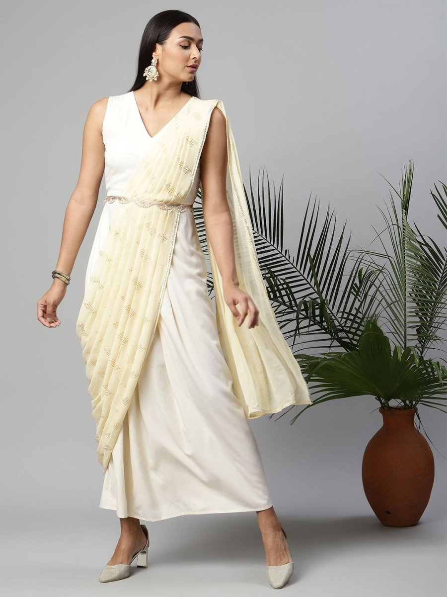 Ahalyaa Women Off White Crepe Georgette Saree Dress With Printed Pallu | Swadesiicart