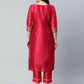 Ahalyaa Womens Red Art Silk Printed Kurta Pant Set | Swadesiicart