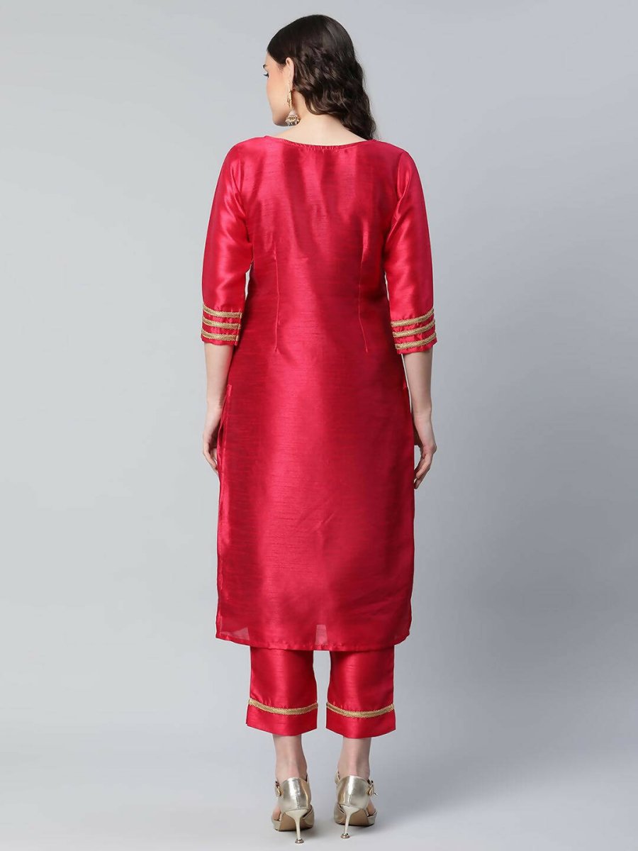 Ahalyaa Womens Red Art Silk Printed Kurta Pant Set | Swadesiicart