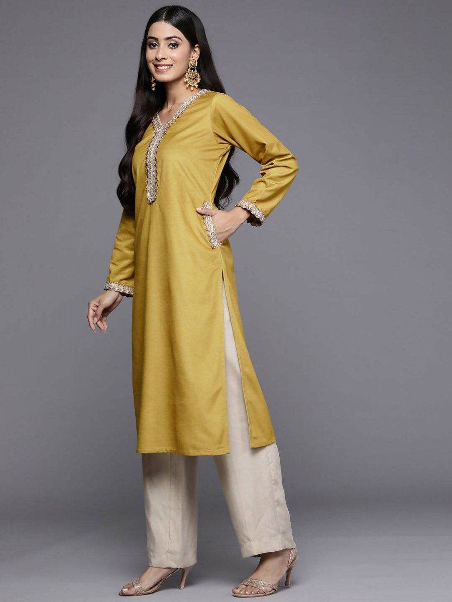 Ahalyaa Women Mustard Yellow & Golden Ethnic Motifs Yoke Design Velvet Kurta | Swadesiicart