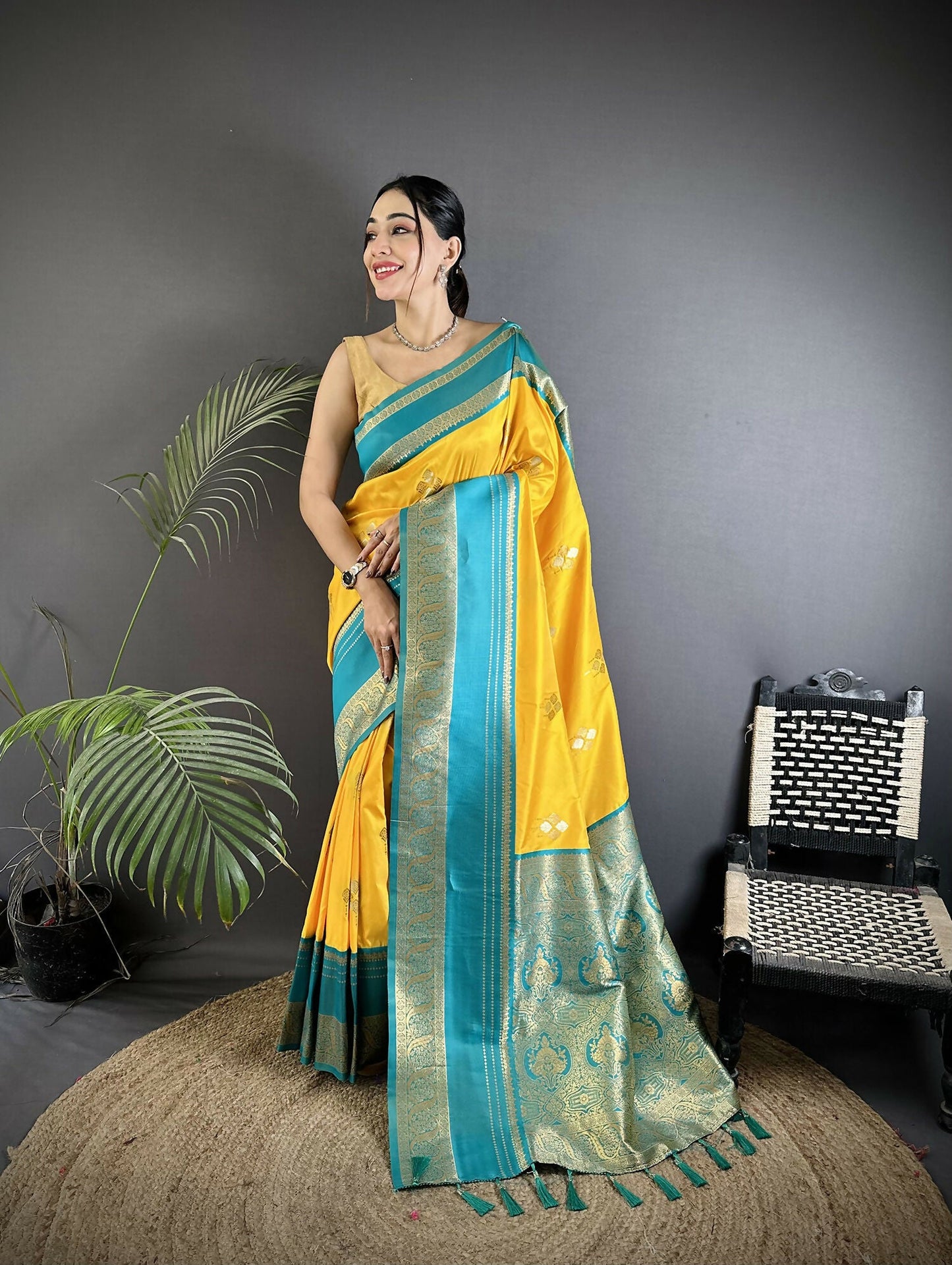 Joban Fashion Yellow Banarasi Soft Silk Woven Saree | Swadesiicart