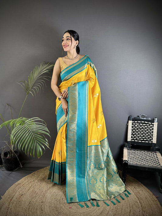 Joban Fashion Yellow Banarasi Soft Silk Woven Saree | Swadesiicart