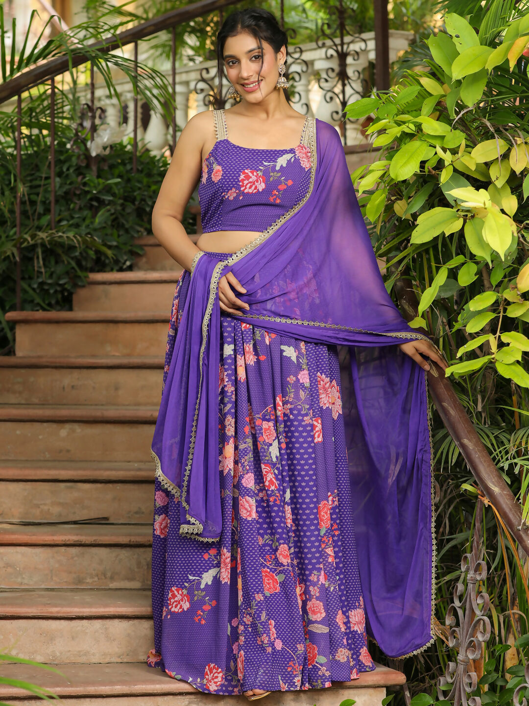 Janasya Purple Georgette Floral Lehenga Choli Dupatta | Swadesiicart