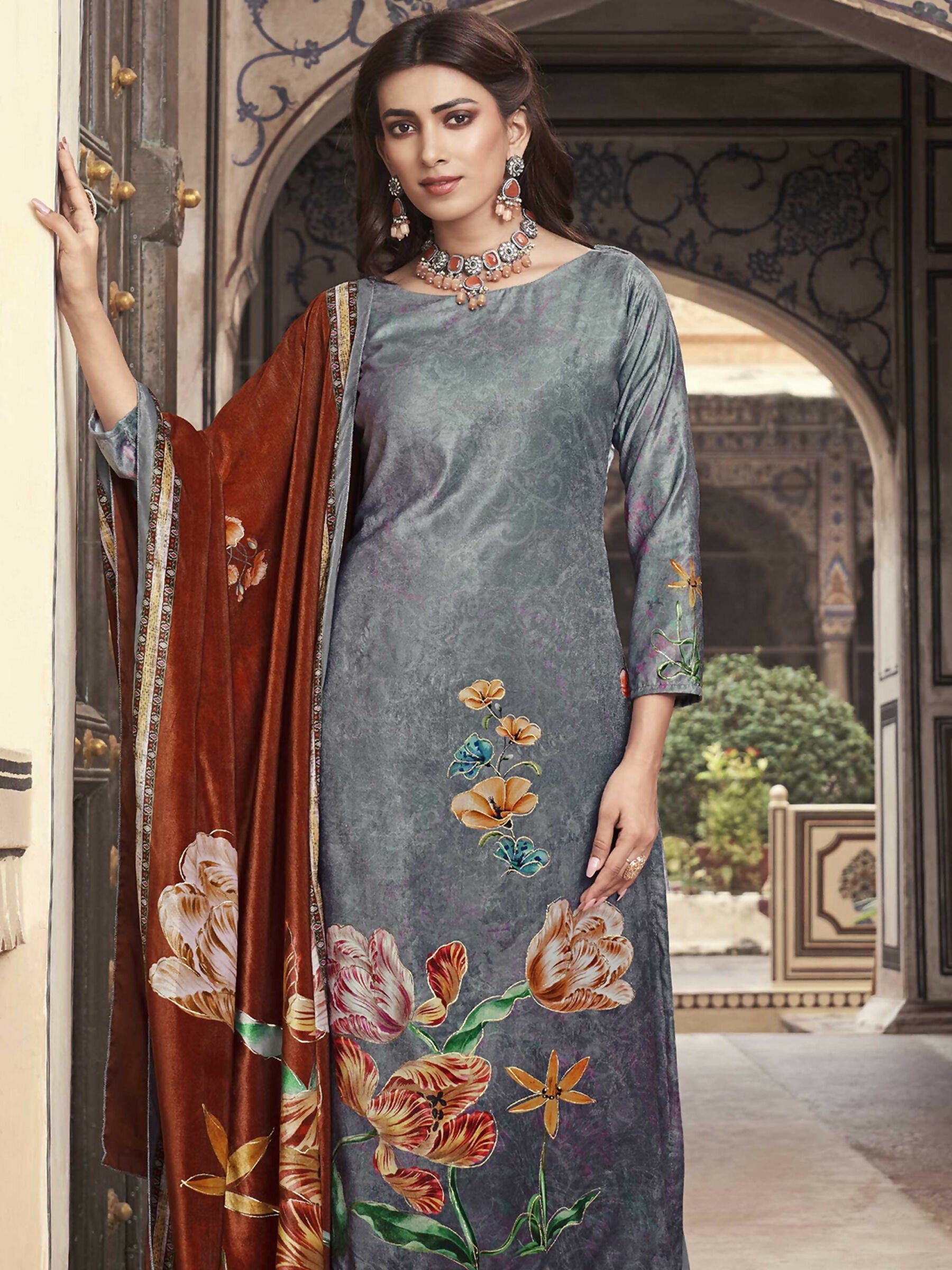 Jyoti Fashion Women's Grey Velvet Floral Digital Printed Kurta with Trouser & Dupatta | Swadesiicart