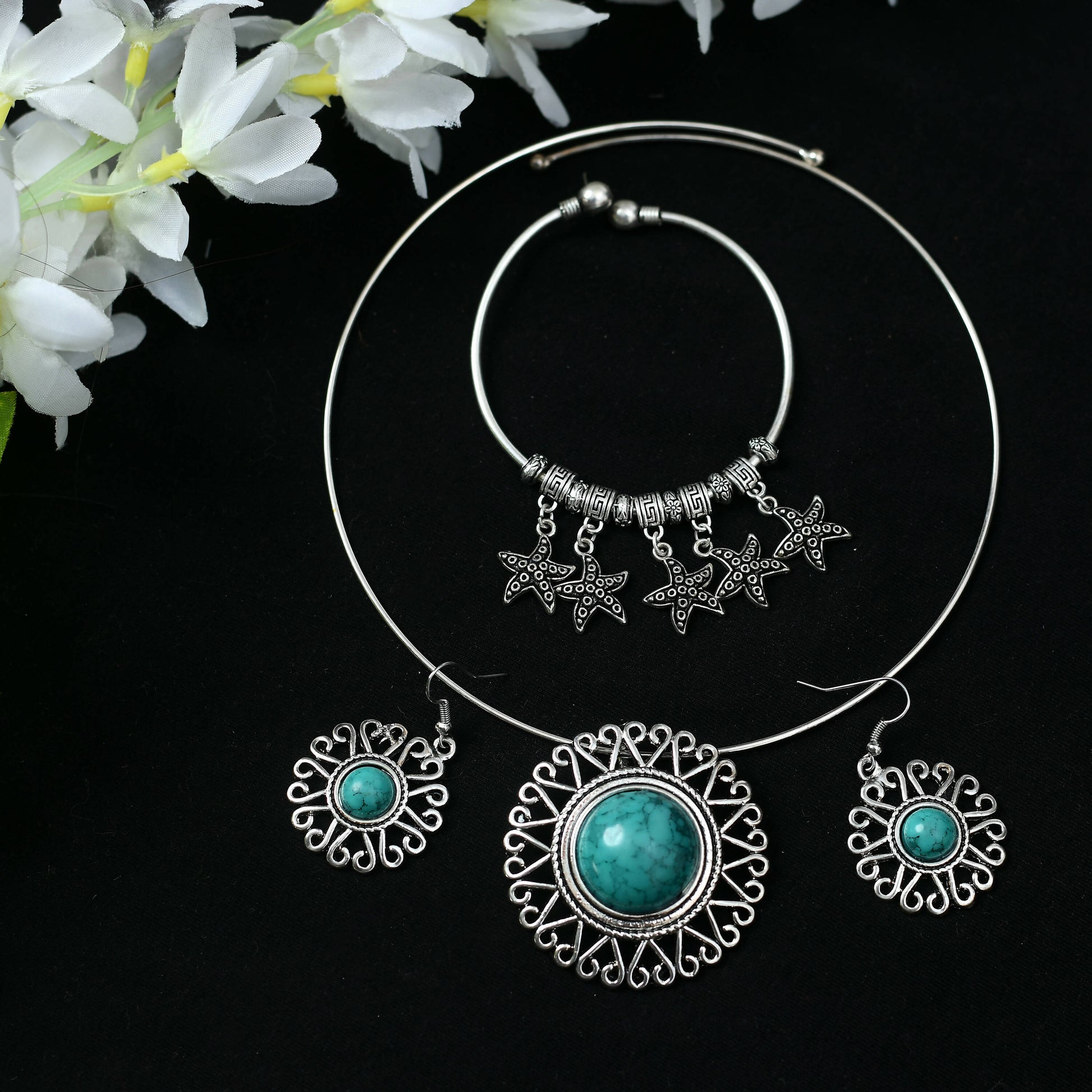 Mominos Fashion Johar Kamal Oxidised Silver-Plated Stone Work Necklace Handicraft | Swadesiicart