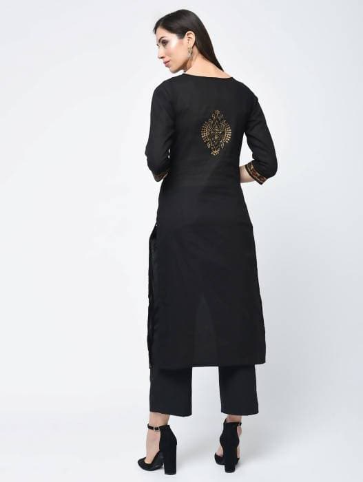 Aniyah Cotton Block Printed Latest Black Straight Kurta (AN-122K) - Swadesiicart