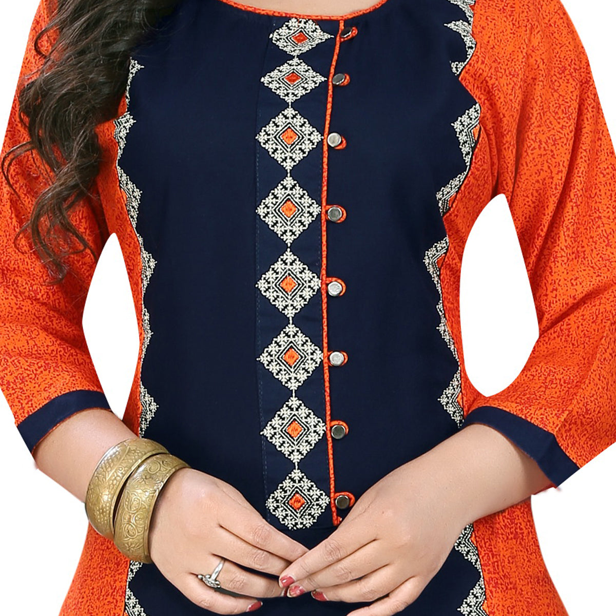 NOZ2TOZ Women Orange & Blue Rayon Kurta (1Pc) - Swadesiicart