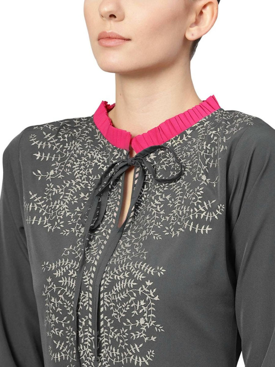 Ahalyaa Grey Crepe Printed Kurta Palazzo Set With Dupatta | Swadesiicart
