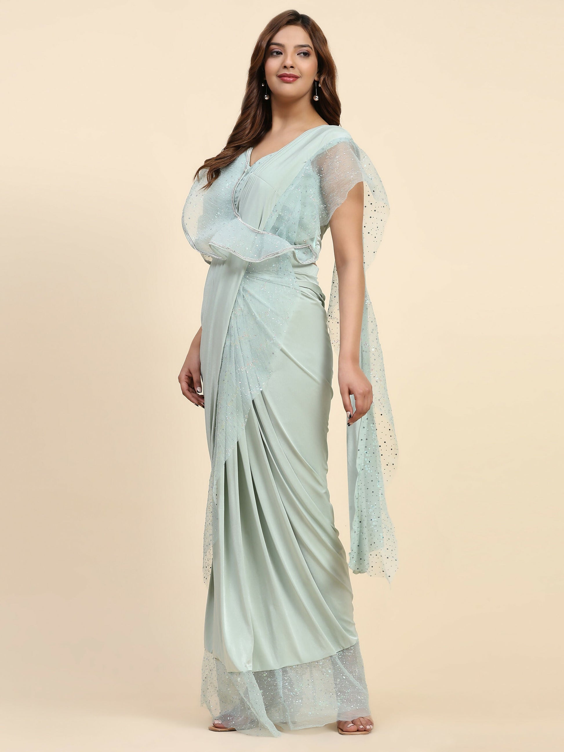 Light Blue Lycra Solid Ready to Wear Saree with stitched Blouse - Nita | Swadesiicart