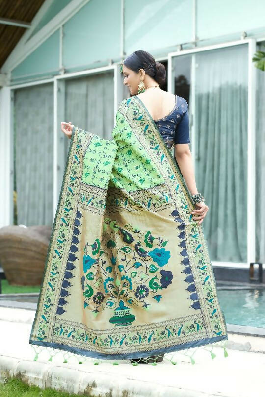 Vishnu Weaves Women's Pista Paithani Patola Silk Zari Woven Saree with Unstitched Blouse - Swadesiicart
