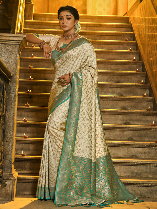 Astita Rajvastra Sea Green Banarasi Silk Saree | Swadesiicart