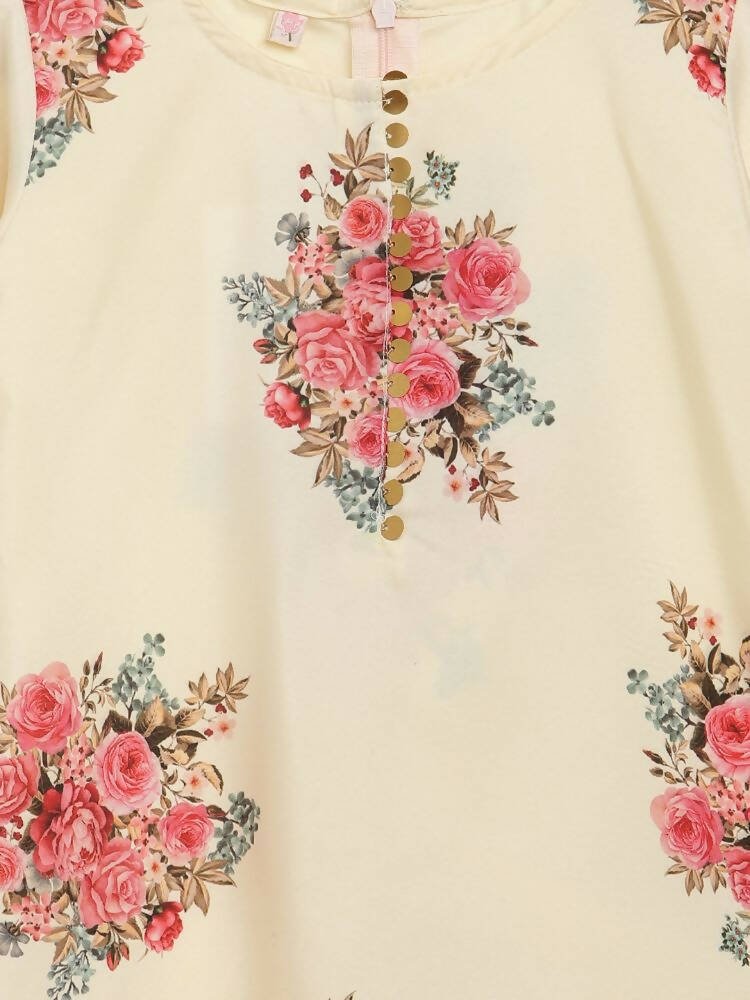 Ahalyaa Beige Crepe Floral Printed Kids Kurta Palazzo Set With Dupatta For Girls | Swadesiicart