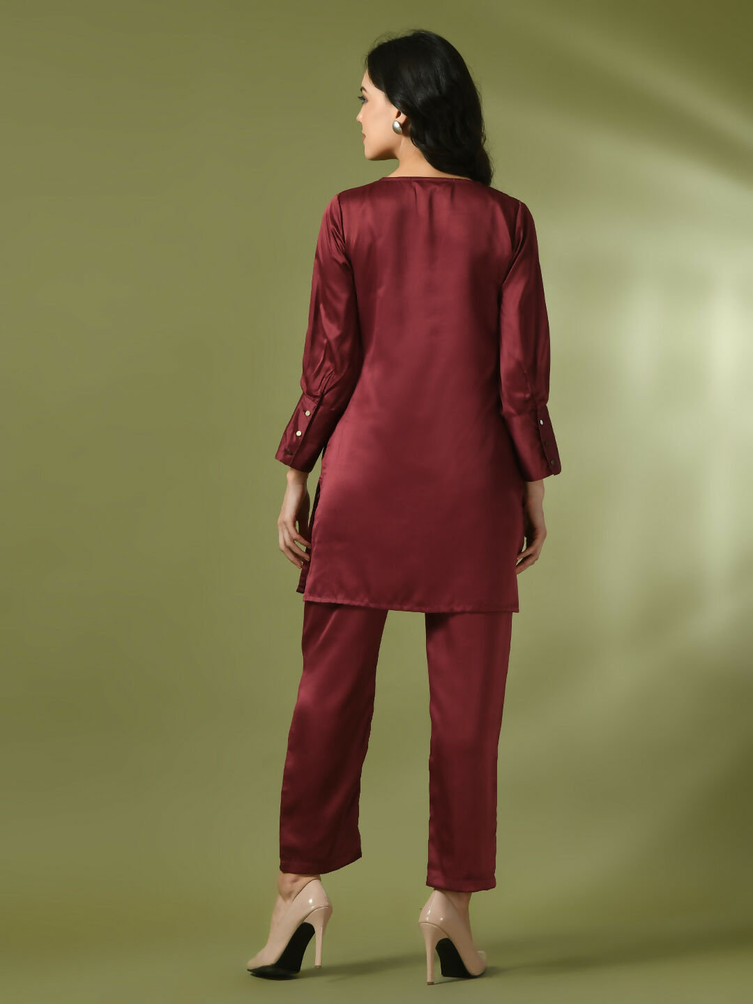 Myshka Women's Maroon Solid Satin V-Neck Party Tunic With Trousers Co-ord set - Swadesiicart