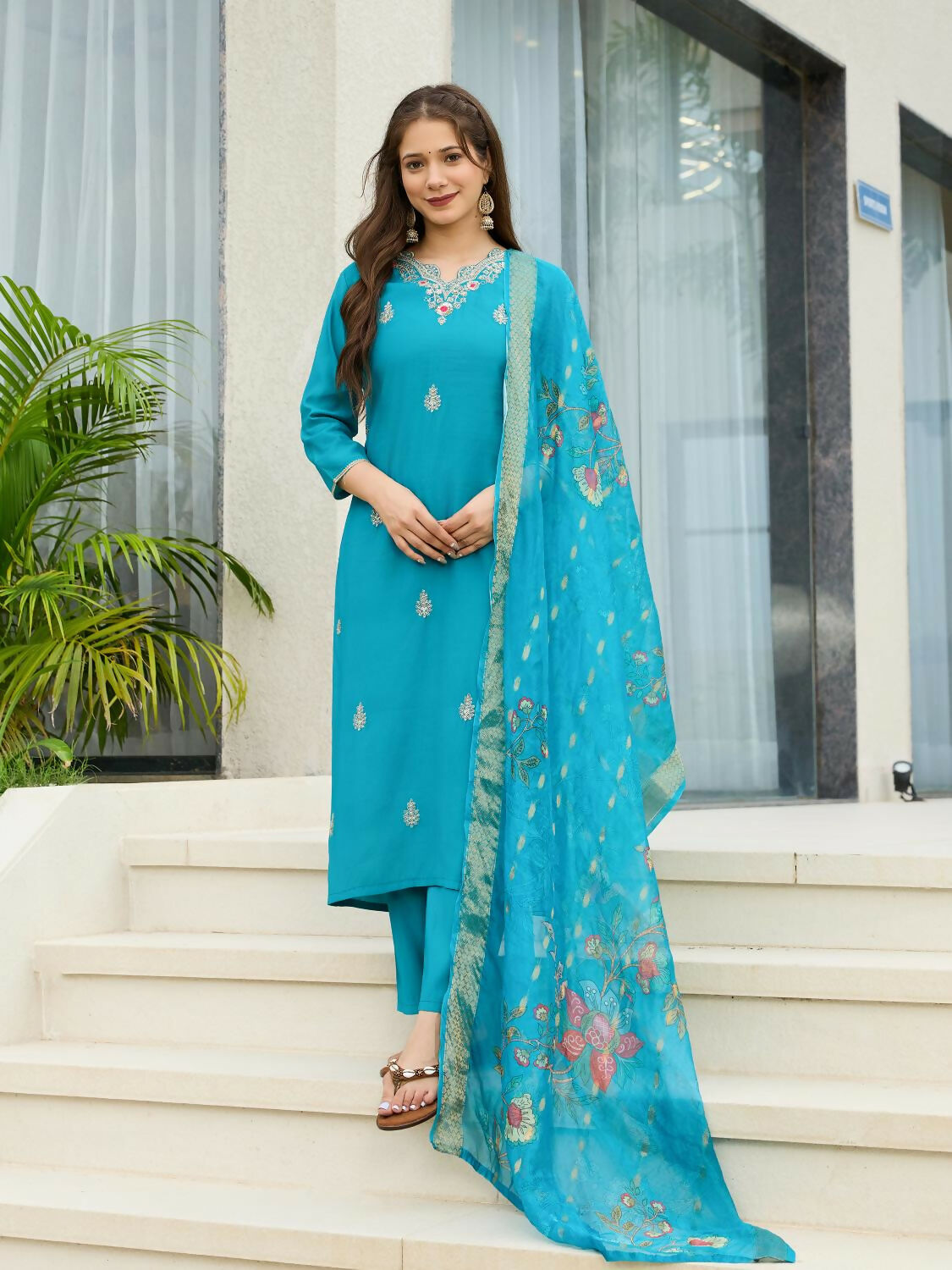 The52 Blue Women's Gorgeous Viscose Fabric Embroidered Work Straight Kurta, Pant and Dupatta Set - Swadesiicart