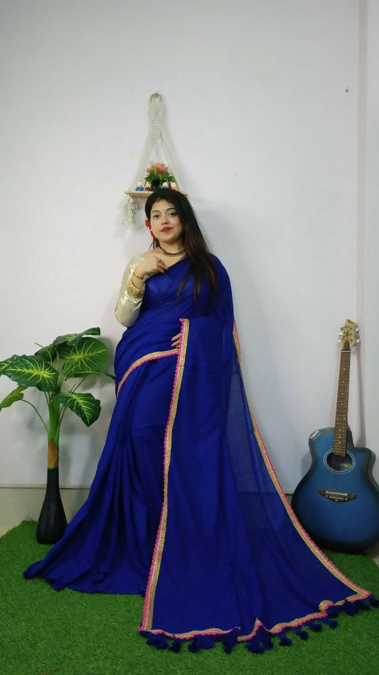 Exclusive Collection Beautiful Khadi Cotton Handloom Saree With Beautiful Zari Border - Royal Blue - Swadesiicart