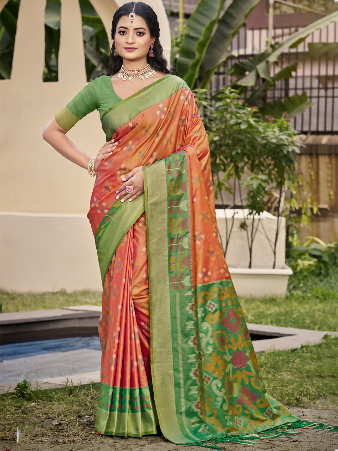 Shree Shyam Fashion Pochampalli Silk Orange Saree