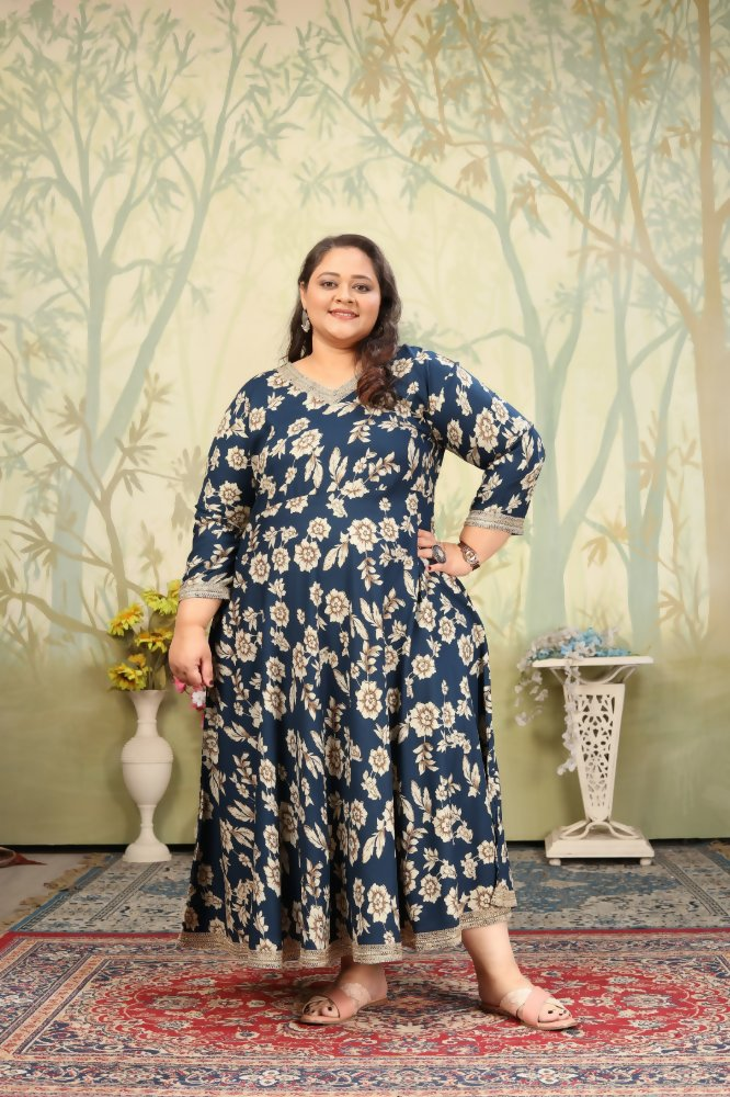 Jyoti Fashion Women's Navy Blue Rayon Floral Print with Sequins Designer Anarkali Set | Swadesiicart