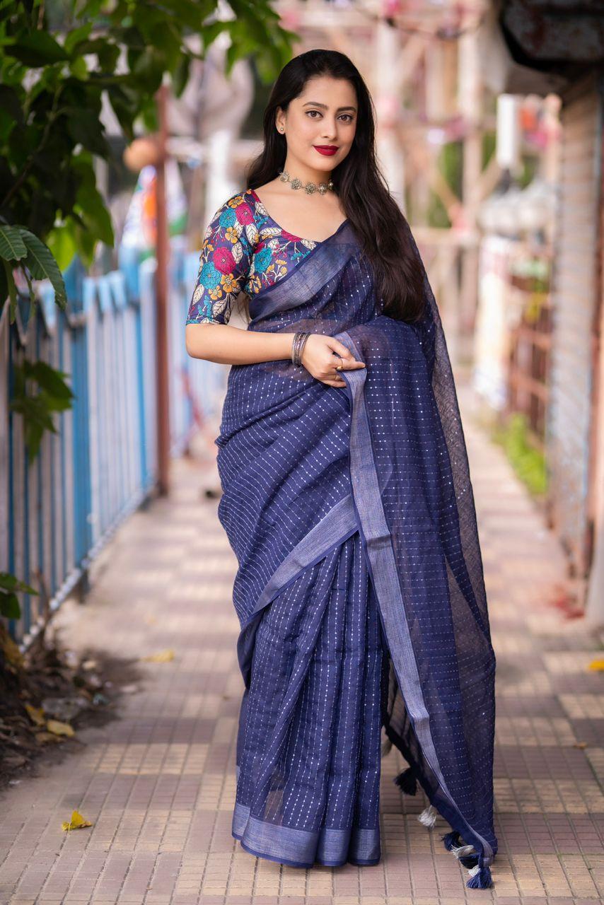 Nblue Linen Sequence Saree with Unstitched Blouse - Hiral Fashion | Swadesiicart