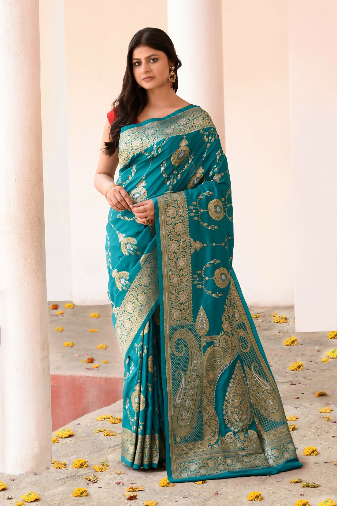 Joban Fashion Teal Green Banarasi Soft Pure Handloom Banarasi Silk Saree | Swadesiicart