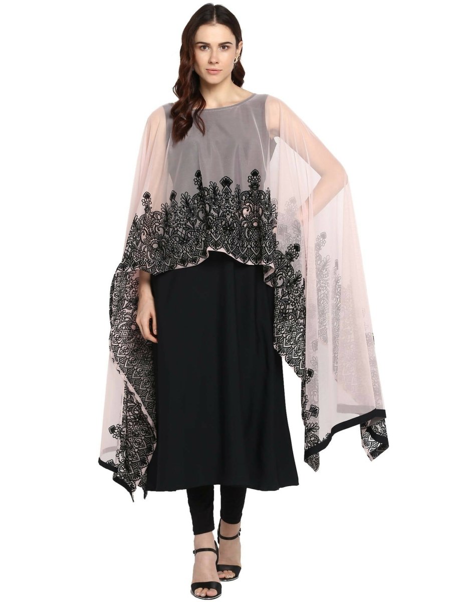 Ahalyaa Women's Beautiful Black Crepe Printed Kurta with Attached Dupatta | Swadesiicart