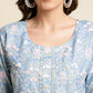 Blue Linen Floral Printed Straight Fit Kurta - Prasuti