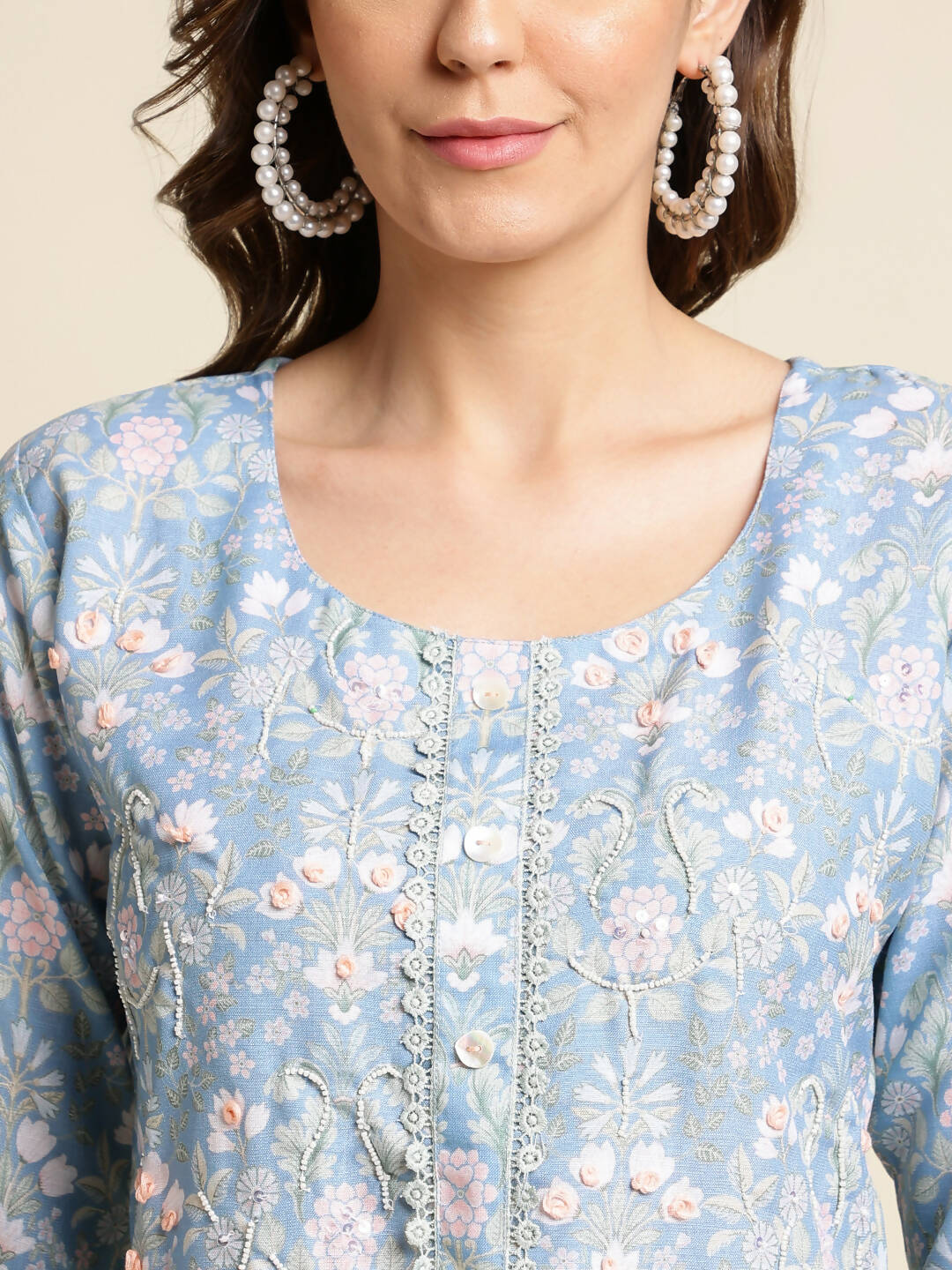 Blue Linen Floral Printed Straight Fit Kurta - Prasuti