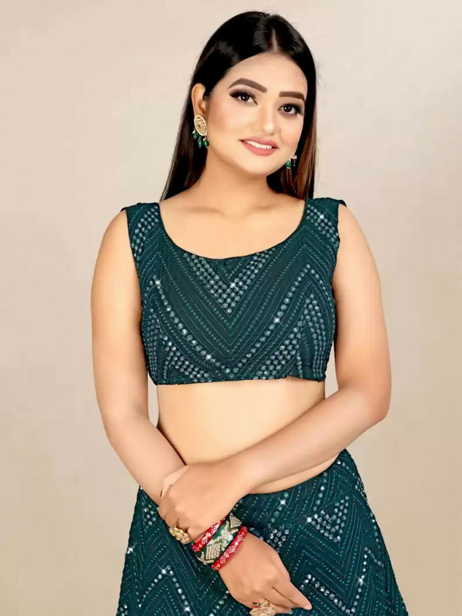 Jyoti Fashion Classy Bottle Green Georgette 3MM Sequins with Thread Embroidery Lehenga Choli with Dupatta | Swadesiicart