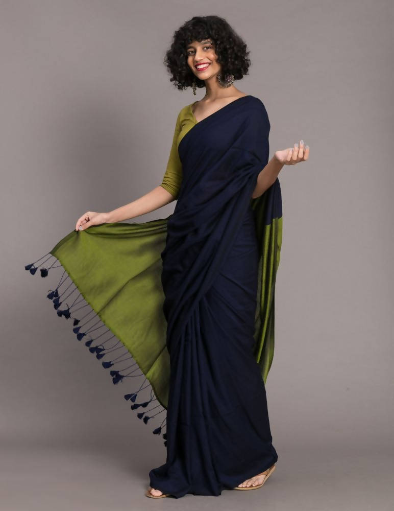Suta Blue Green Colourblocked Cotton Blend Saree | Swadesiicart
