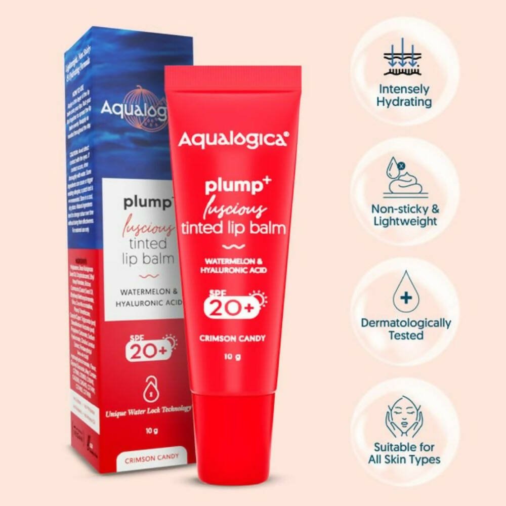 Aqualogica Crimson Candy Plump+ Luscious Tinted Lip Balm with Watermelon and Hyaluronic Acid, SPF 20+ - Swadesiicart