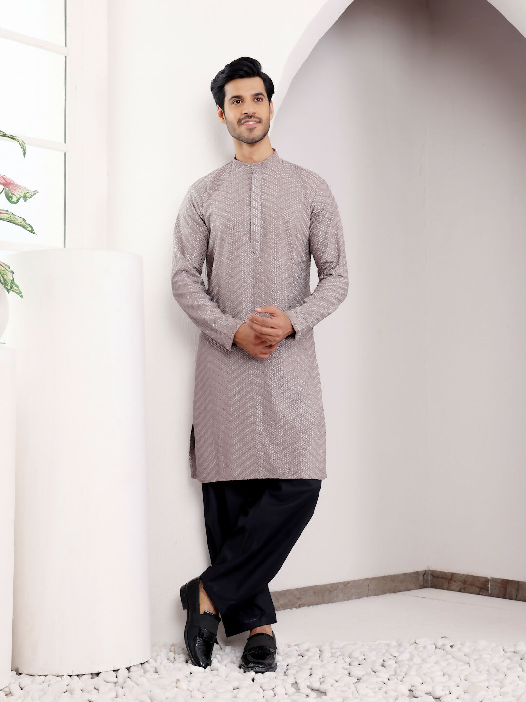 Grey Viscose Designer Chikankari Embroidery Work Men's Kurta - Mahotsav | Swadesiicart
