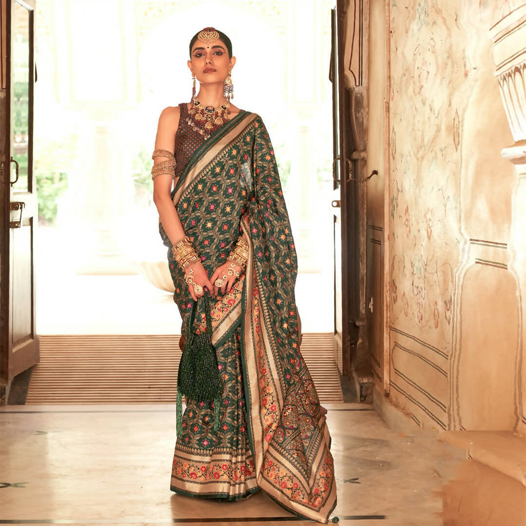 Green Silk With Banarasi Print Work Saree - Trirath Yamuna | Swadesiicart