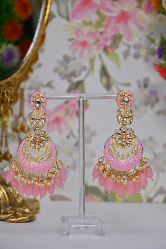 Gold-Polished Kundan & Pearl Dangle Women Pink Meenakari Chandbali Earrings By House of Ree - House of Ree