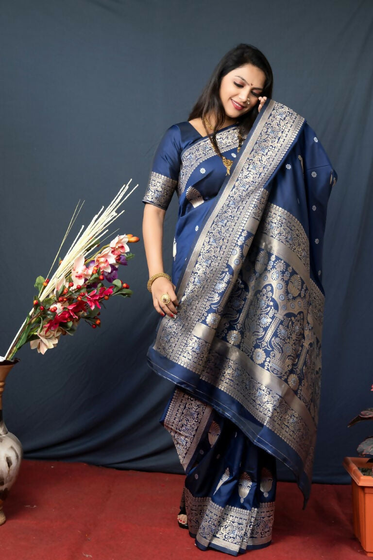 Jyoti Fashion Women's Navy Blue Paithani Silk Zari Woven Saree with Blouse | Swadesiicart