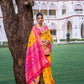 Vishnu Weaves Women's Yellow Patola Banarasi Silk Meenakari Zari Woven Saree with Blouse - Swadesiicart