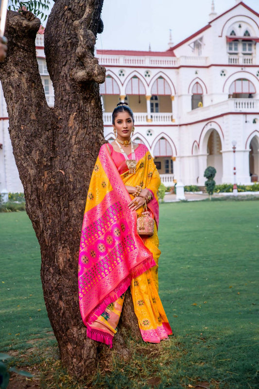 Vishnu Weaves Women's Yellow Patola Banarasi Silk Meenakari Zari Woven Saree with Blouse - Swadesiicart