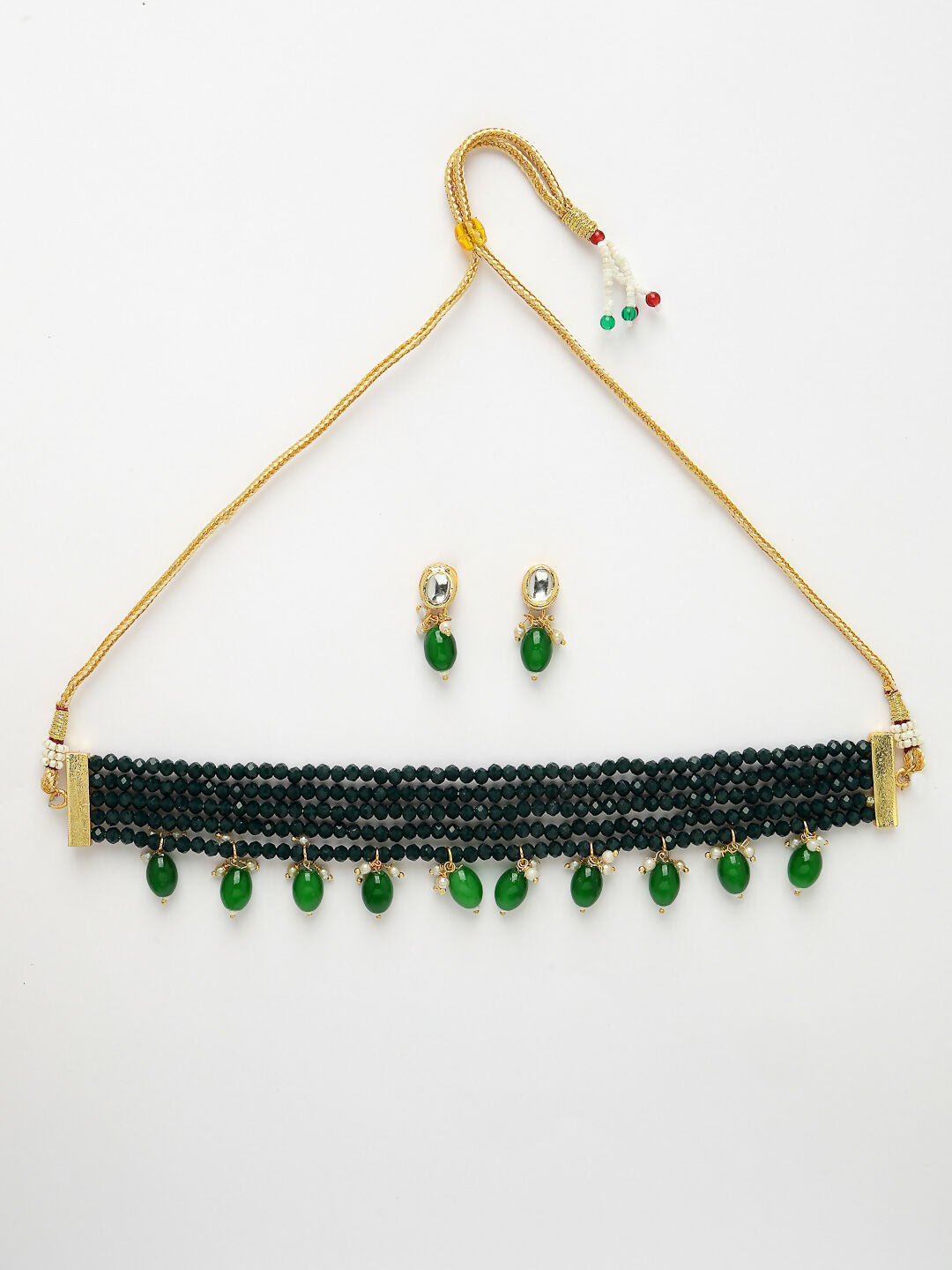 NVR Women's Green Artificial Beads Layered Necklace with Drop Earring - Swadesiicart