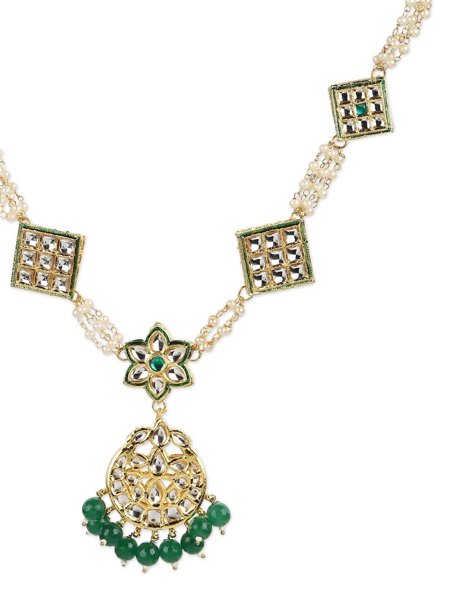 Gold-Polished White Green Kundan-Studded Pearl Beaded Matha Patti - Ruby Raang | Swadesiicart